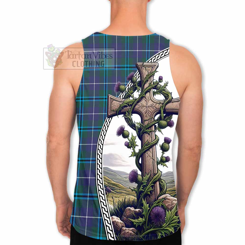 Tartan Vibes Clothing Sandilands Tartan Men's Tank Top with Family Crest and St. Andrew's Cross Accented by Thistle Vines