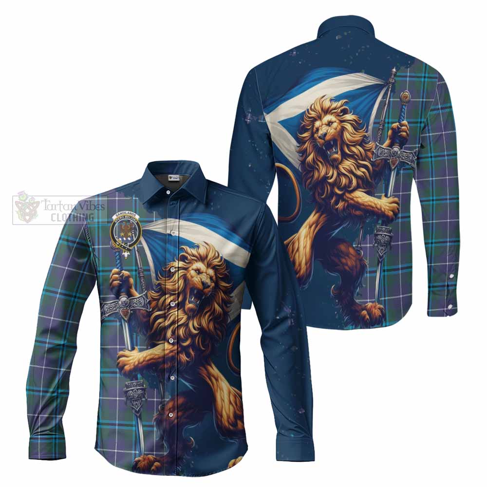 Tartan Vibes Clothing Sandilands Tartan Family Crest Long Sleeve Button Shirt with Scottish Majestic Lion