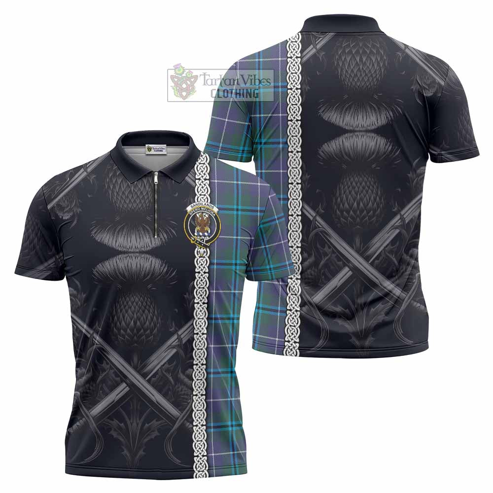 Tartan Vibes Clothing Sandilands Tartan Zipper Polo Shirt with Family Crest Cross Sword Thistle Celtic Vibes