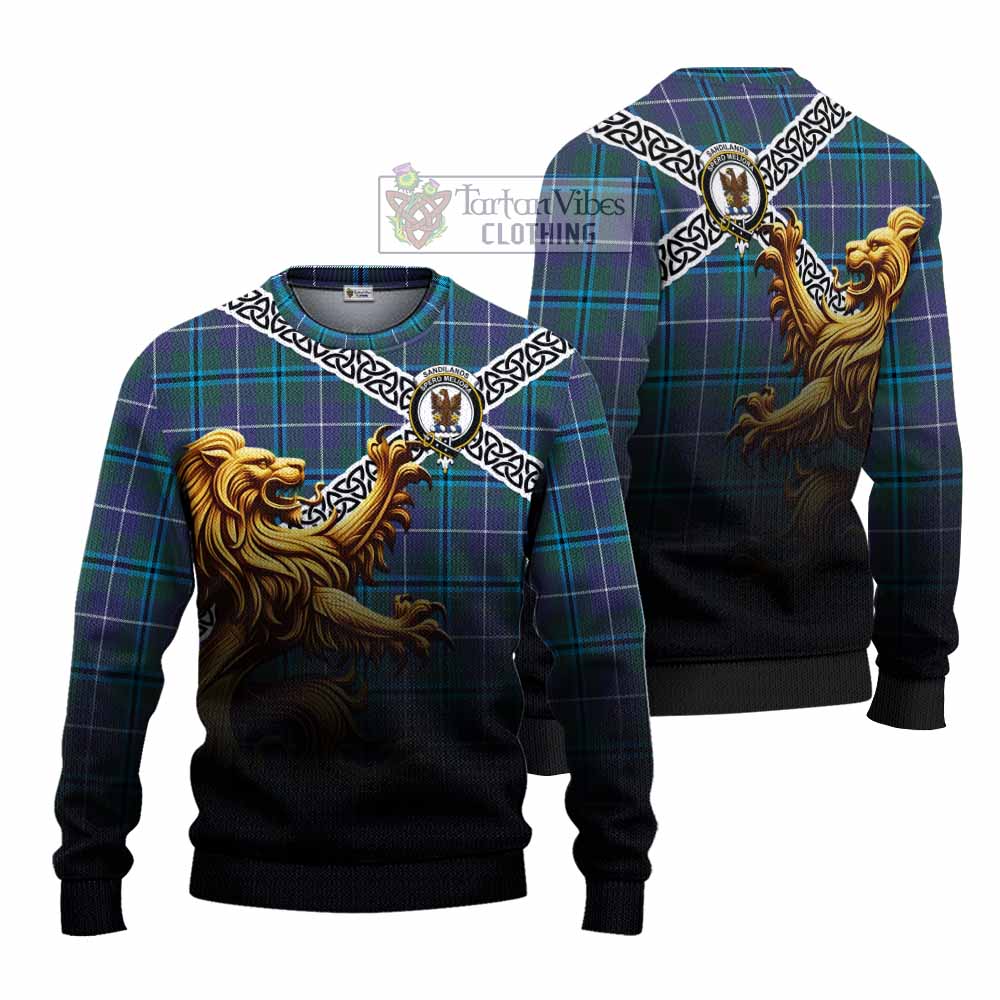 Sandilands Crest Tartan Knitted Sweater with Golden Lion Emblem Celtic Style - Tartan Vibes Clothing
