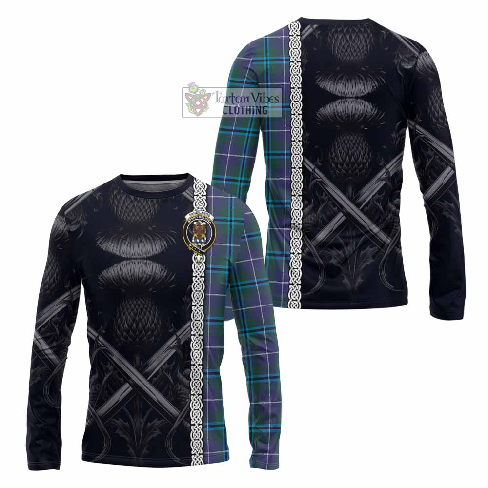 Tartan Vibes Clothing Sandilands Tartan Long Sleeve T-Shirt with Family Crest Cross Sword Thistle Celtic Vibes