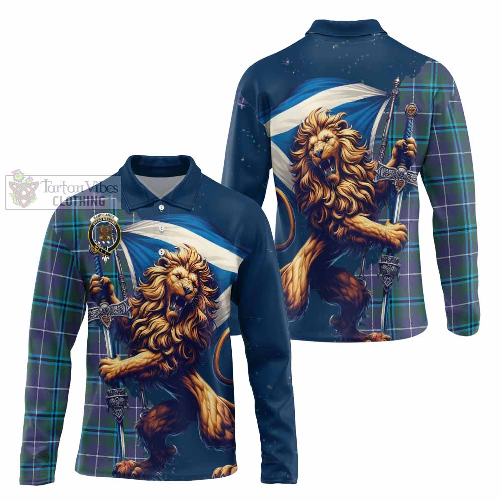 Tartan Vibes Clothing Sandilands Tartan Family Crest Long Sleeve Polo Shirt with Scottish Majestic Lion