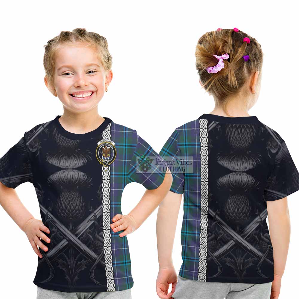 Tartan Vibes Clothing Sandilands Tartan Kid T-Shirt with Family Crest Cross Sword Thistle Celtic Vibes