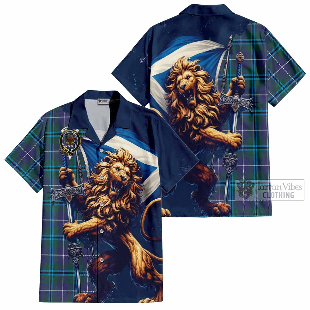 Tartan Vibes Clothing Sandilands Tartan Family Crest Short Sleeve Button Shirt with Scottish Majestic Lion