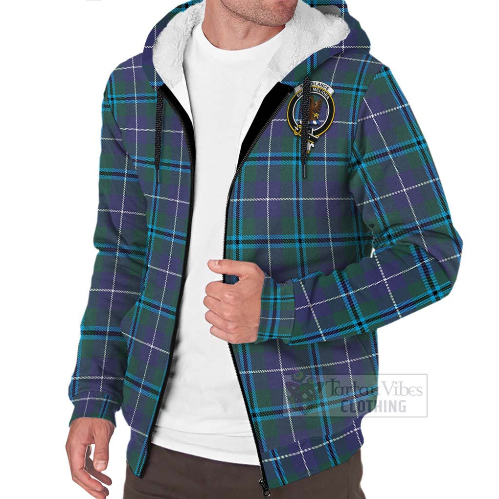 Tartan Vibes Clothing Sandilands Tartan Sherpa Hoodie with Family Crest and Bearded Skull Holding Bottles of Whiskey