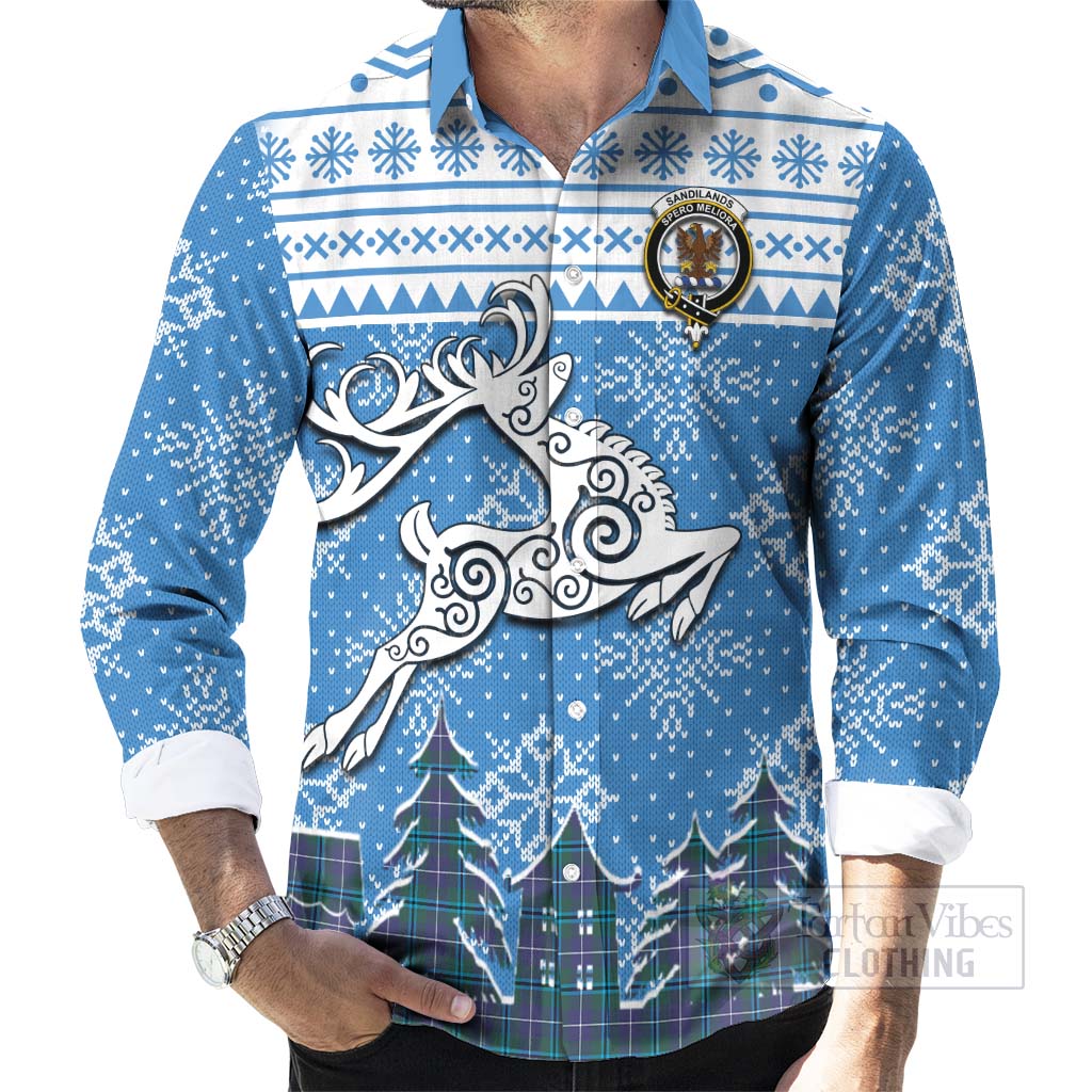 Tartan Vibes Clothing Sandilands Clan Christmas Long Sleeve Button Shirt Celtic Reindeer Style