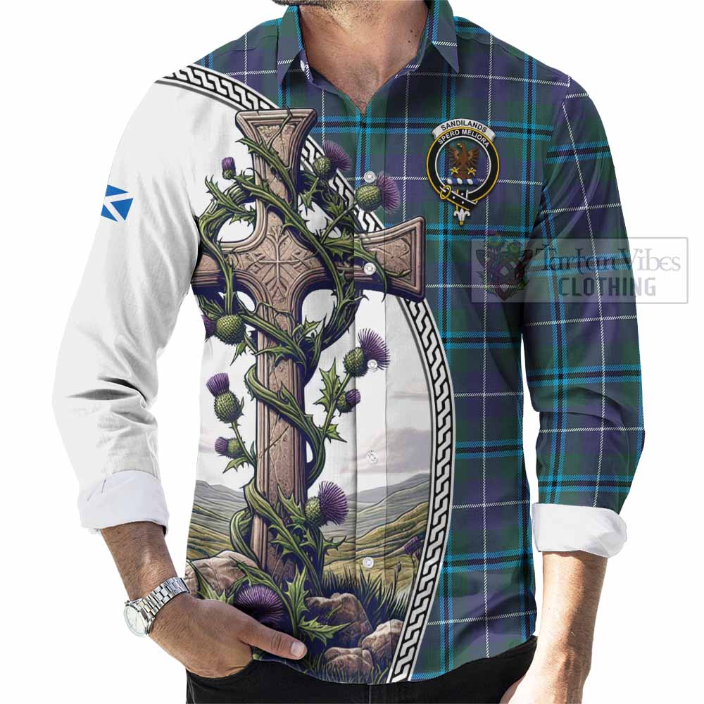 Tartan Vibes Clothing Sandilands Tartan Long Sleeve Button Shirt with Family Crest and St. Andrew's Cross Accented by Thistle Vines