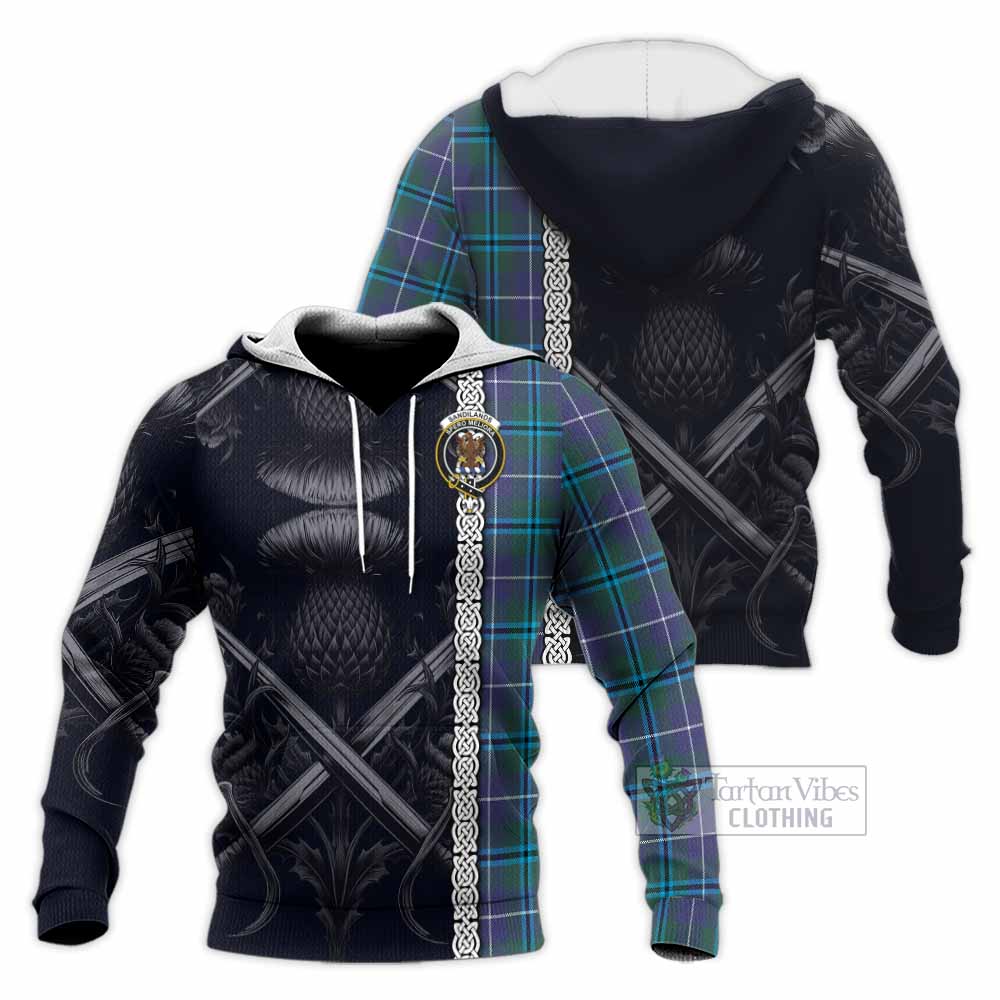 Tartan Vibes Clothing Sandilands Tartan Knitted Hoodie with Family Crest Cross Sword Thistle Celtic Vibes