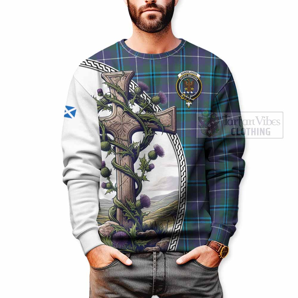 Tartan Vibes Clothing Sandilands Tartan Sweatshirt with Family Crest and St. Andrew's Cross Accented by Thistle Vines