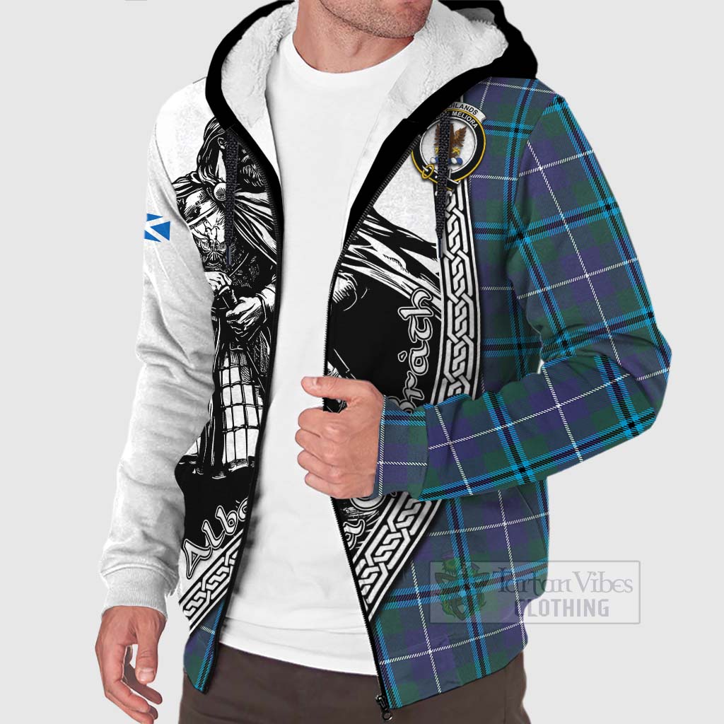 Tartan Vibes Clothing Sandilands Tartan Clan Crest Sherpa Hoodie with Highlander Warrior Celtic Style