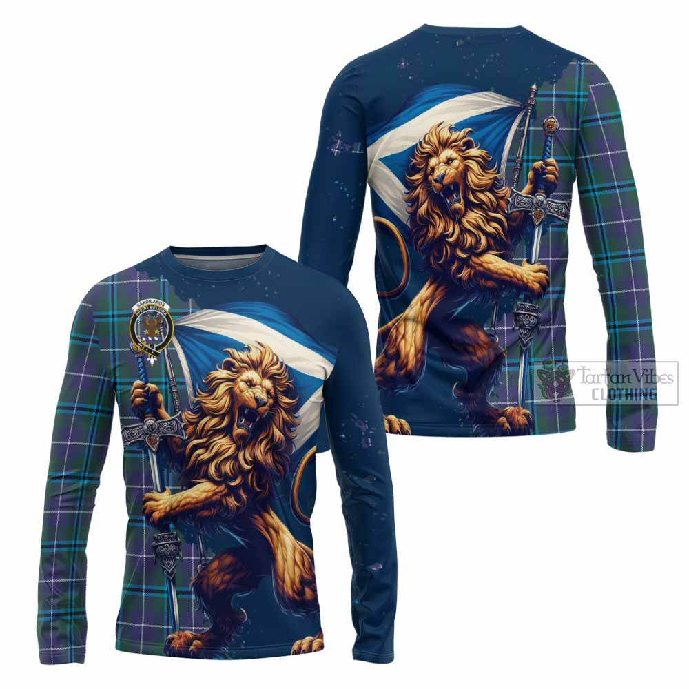 Tartan Vibes Clothing Sandilands Tartan Family Crest Long Sleeve T-Shirt with Scottish Majestic Lion