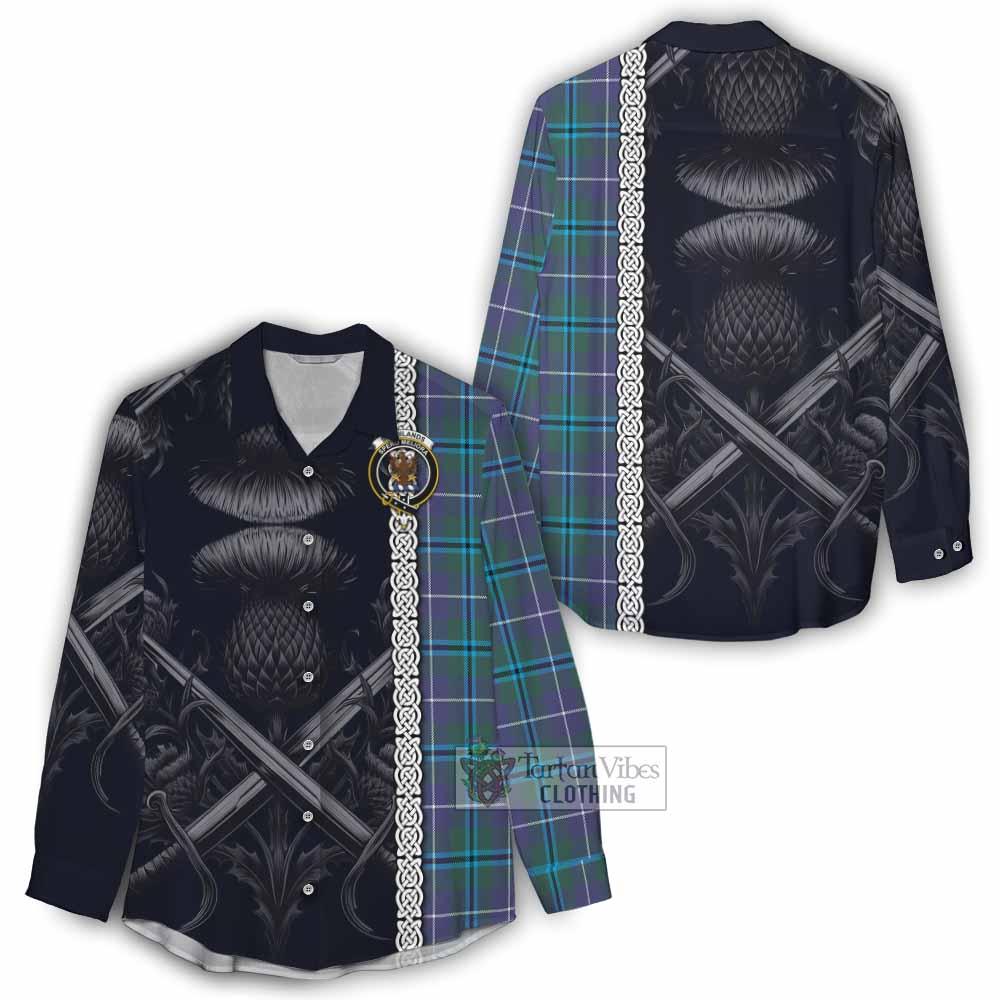 Tartan Vibes Clothing Sandilands Tartan Women's Casual Shirt with Family Crest Cross Sword Thistle Celtic Vibes