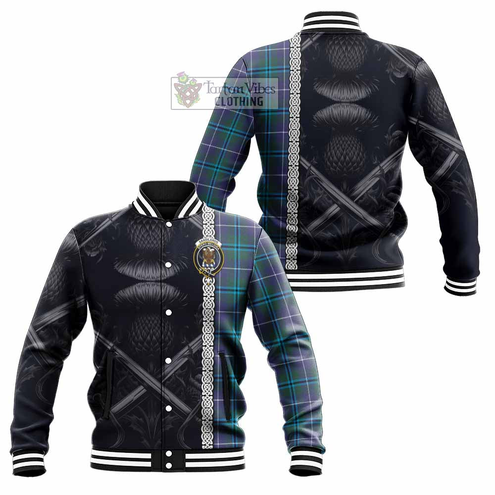 Tartan Vibes Clothing Sandilands Tartan Baseball Jacket with Family Crest Cross Sword Thistle Celtic Vibes