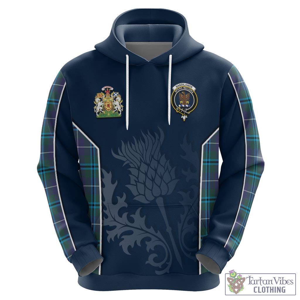 Tartan Vibes Clothing Sandilands Tartan Hoodie with Family Crest and Scottish Thistle Vibes Sport Style