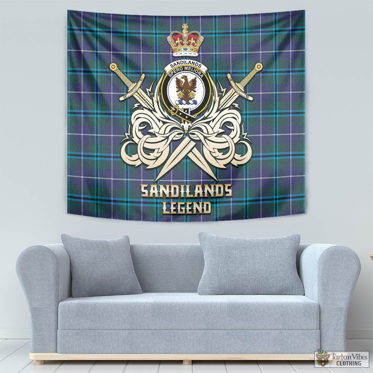 Tartan Vibes Clothing Sandilands Tartan Tapestry with Clan Crest and the Golden Sword of Courageous Legacy