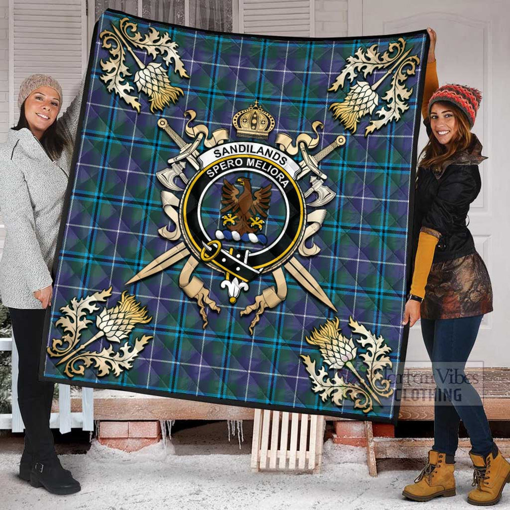 Tartan Vibes Clothing Sandilands Tartan Quilt with Family Crest and Scottish Golden Courage Shield