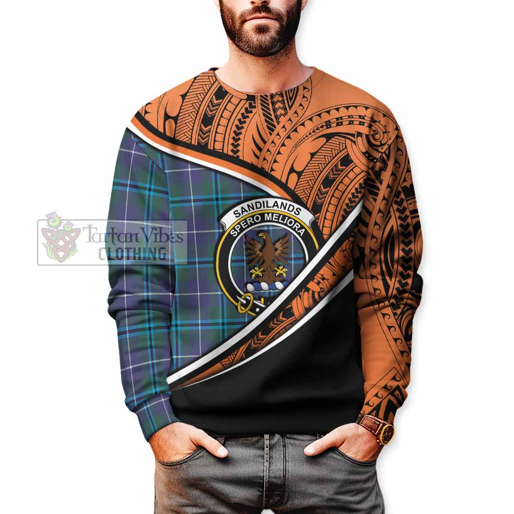 Tartan Vibes Clothing Sandilands Crest Tartan Sweatshirt with Maori Tattoo Style - Orange Version