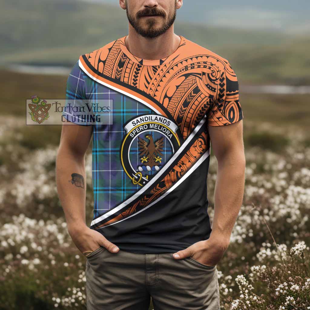 Tartan Vibes Clothing Sandilands Crest Tartan T-Shirt with Maori Tattoo Style - Orange Version