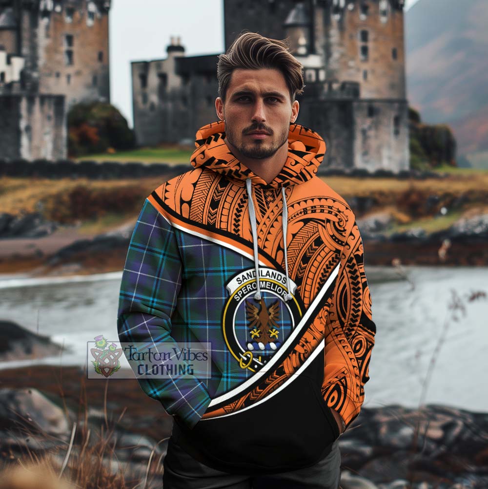 Tartan Vibes Clothing Sandilands Crest Tartan Cotton Hoodie with Maori Tattoo Style - Orange Version