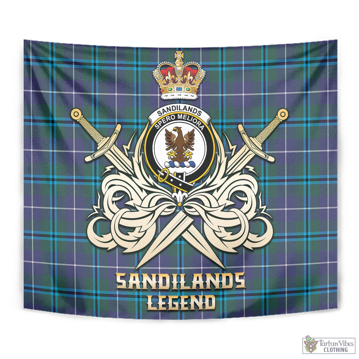 Tartan Vibes Clothing Sandilands Tartan Tapestry with Clan Crest and the Golden Sword of Courageous Legacy