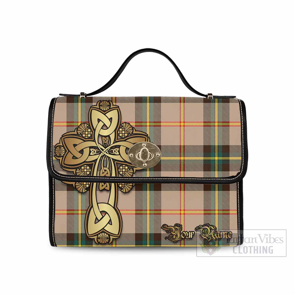 Tartan Vibes Clothing Saskatchewan Province Canada Tartan Waterproof Canvas Bag Golden Thistle Celtic Cross Style