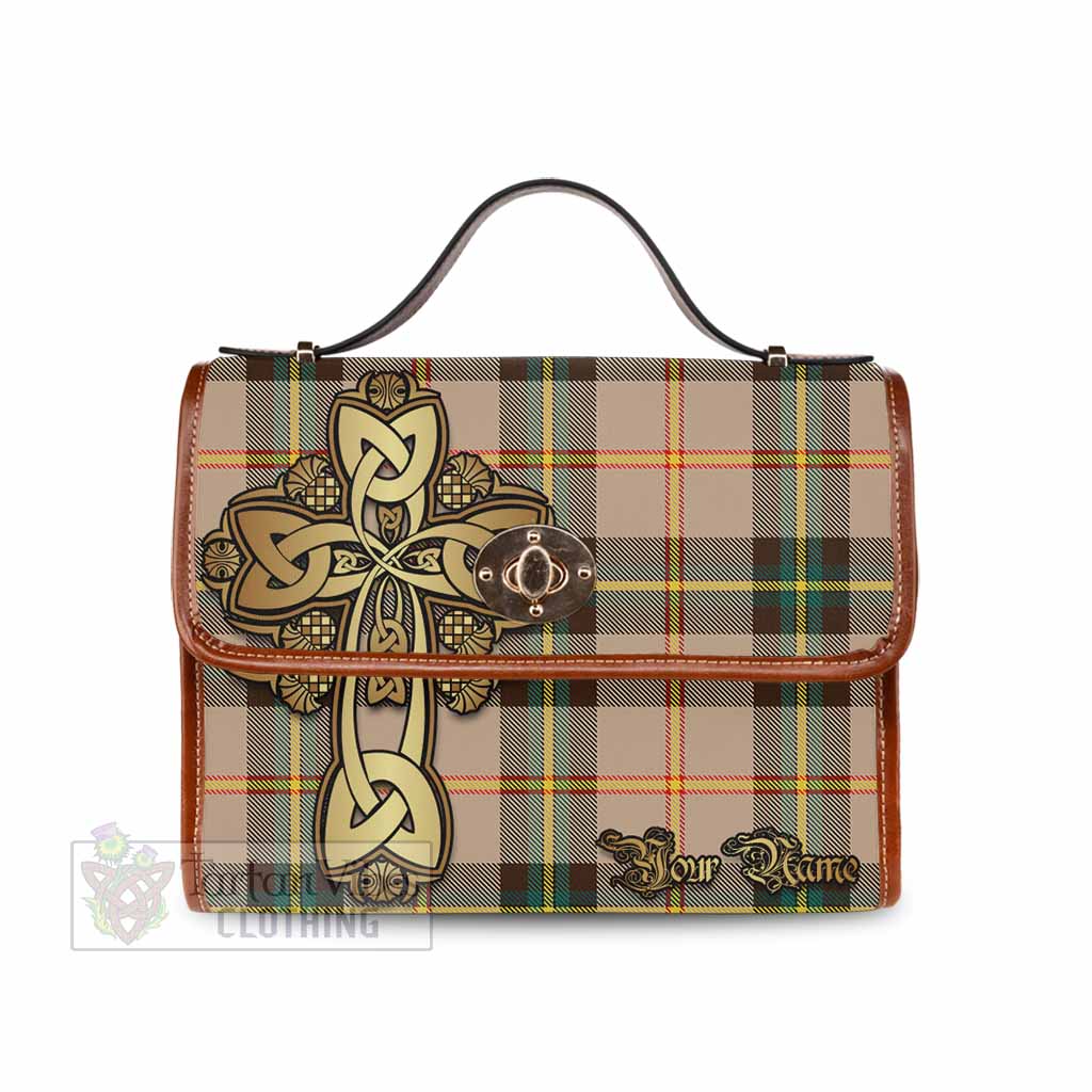 Tartan Vibes Clothing Saskatchewan Province Canada Tartan Waterproof Canvas Bag Golden Thistle Celtic Cross Style