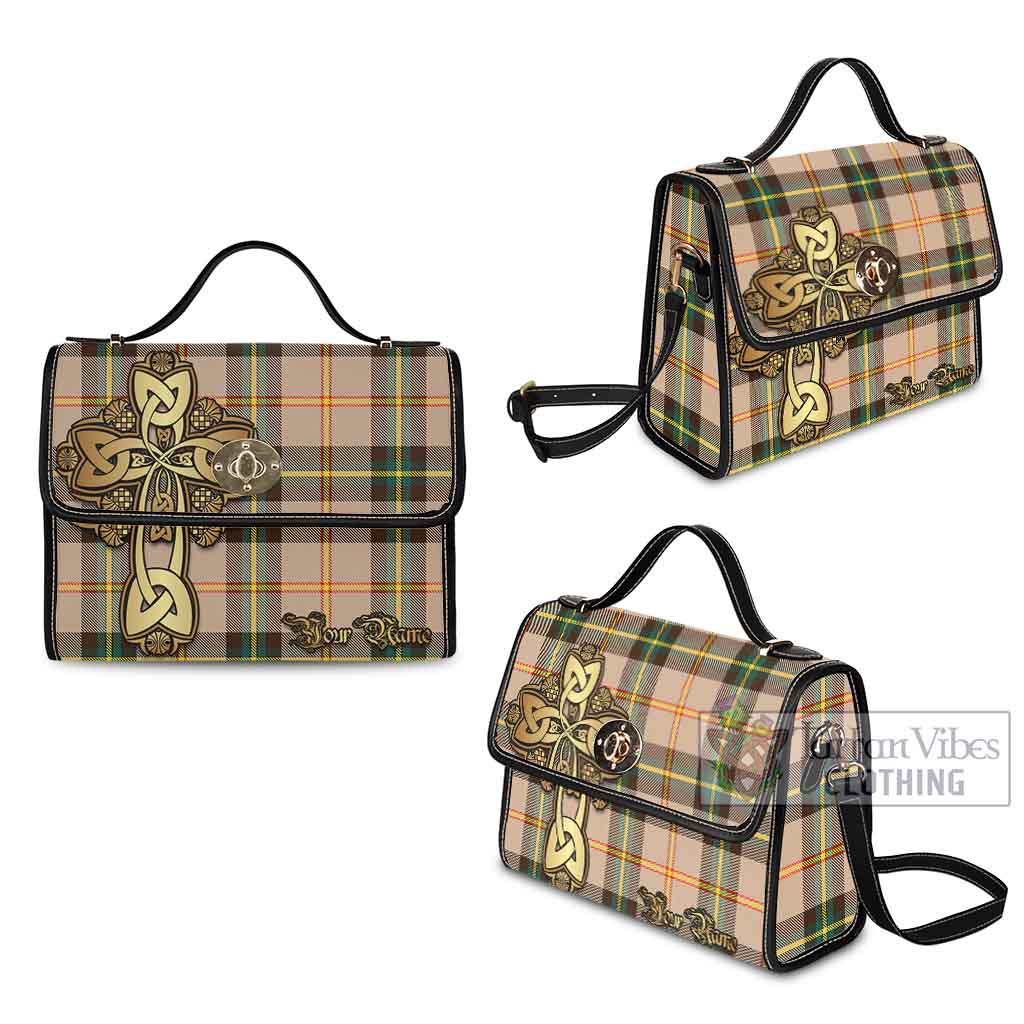 Tartan Vibes Clothing Saskatchewan Province Canada Tartan Waterproof Canvas Bag Golden Thistle Celtic Cross Style