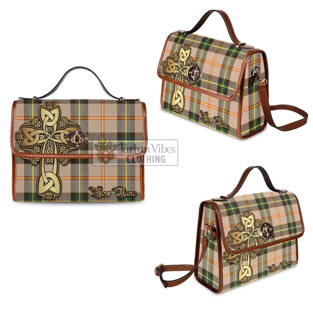 Tartan Vibes Clothing Saskatchewan Province Canada Tartan Waterproof Canvas Bag Golden Thistle Celtic Cross Style