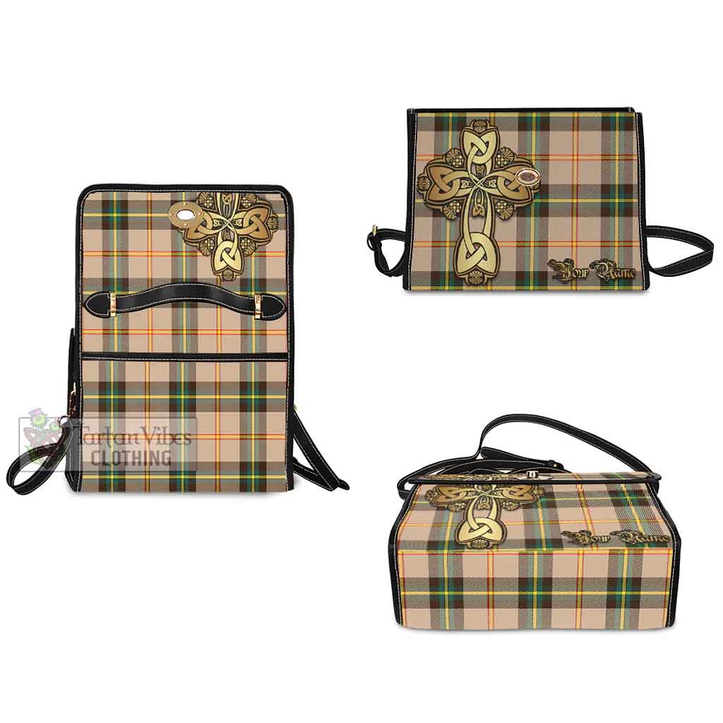 Tartan Vibes Clothing Saskatchewan Province Canada Tartan Waterproof Canvas Bag Golden Thistle Celtic Cross Style