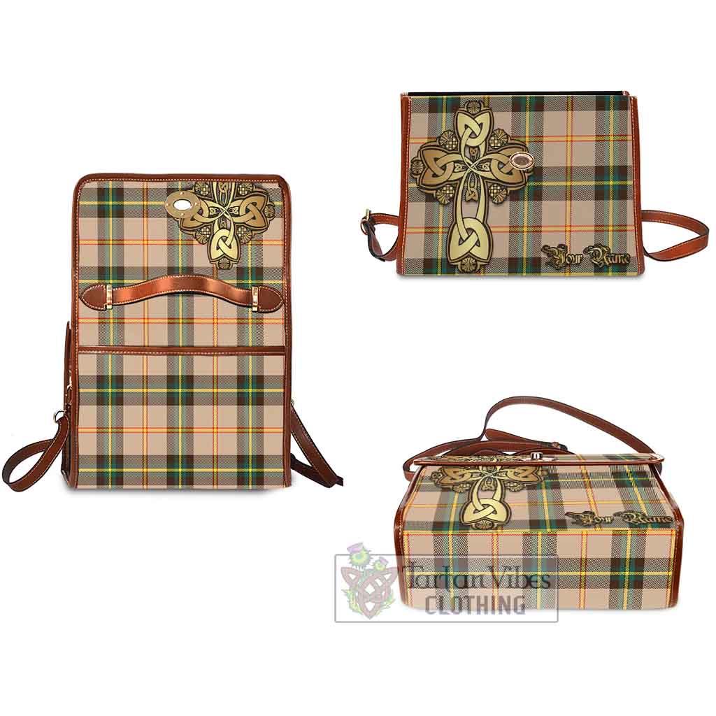 Tartan Vibes Clothing Saskatchewan Province Canada Tartan Waterproof Canvas Bag Golden Thistle Celtic Cross Style