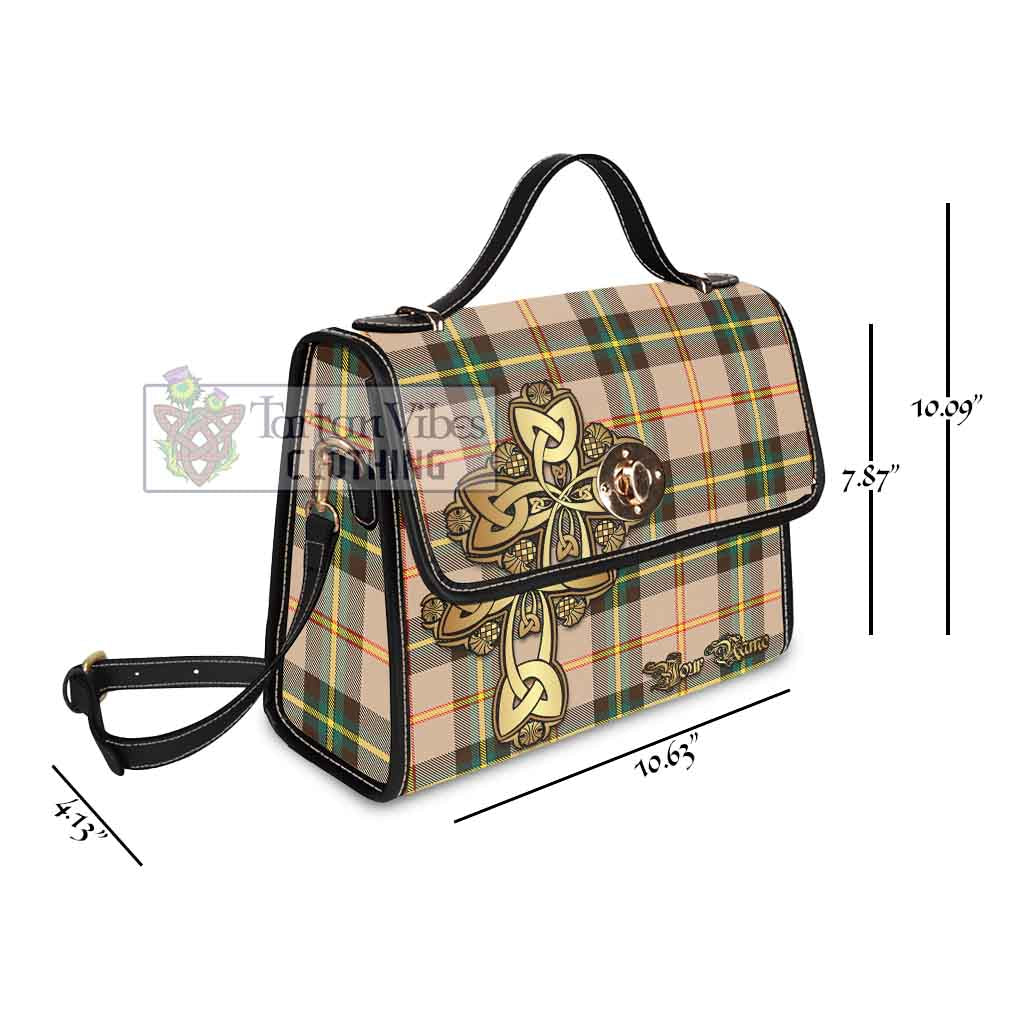 Tartan Vibes Clothing Saskatchewan Province Canada Tartan Waterproof Canvas Bag Golden Thistle Celtic Cross Style