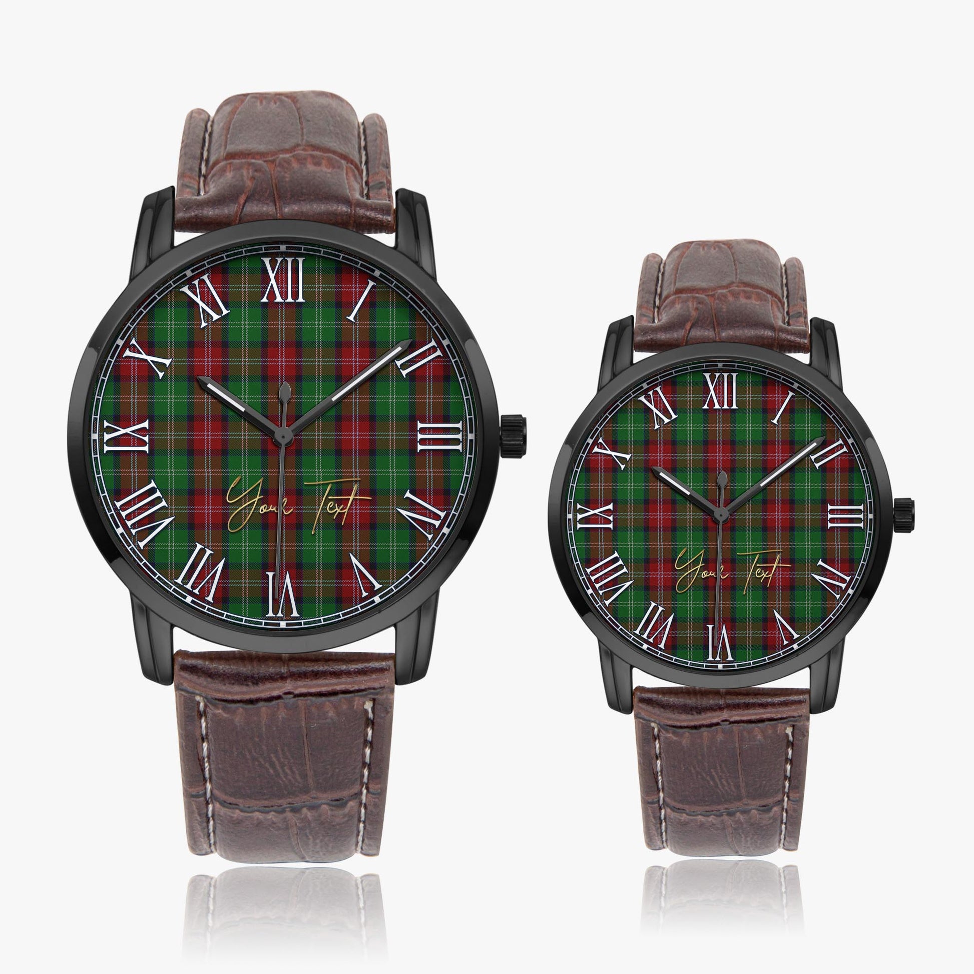 Sawyer Tartan Personalized Your Text Leather Trap Quartz Watch Wide Type Black Case With Brown Leather Strap - Tartanvibesclothing