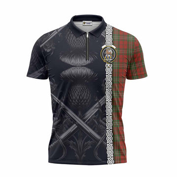 Scott Tartan Zipper Polo Shirt with Family Crest Cross Sword Thistle Celtic Vibes