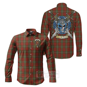 Scott Tartan Long Sleeve Button Shirt with Family Crest Celtic Skull Style