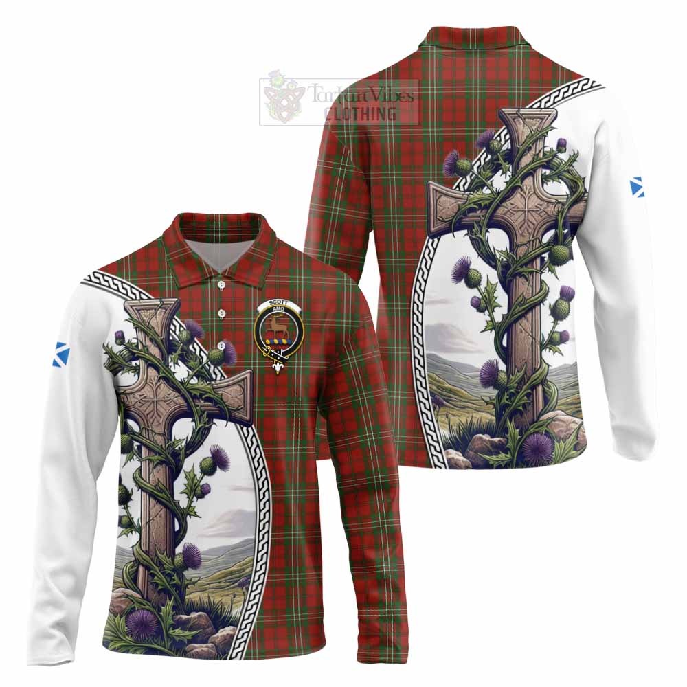 Tartan Vibes Clothing Scott Tartan Long Sleeve Polo Shirt with Family Crest and St. Andrew's Cross Accented by Thistle Vines