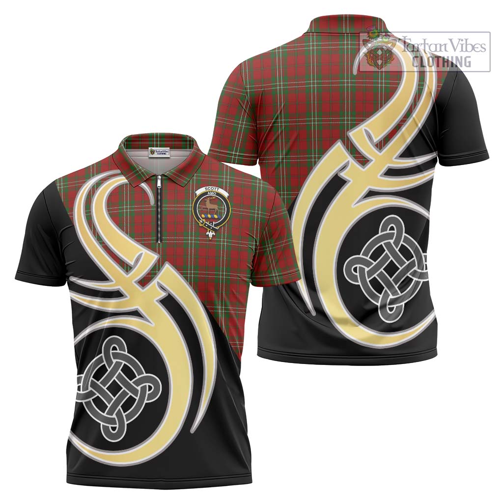 Tartan Vibes Clothing Scott Tartan Zipper Polo Shirt with Family Crest and Celtic Symbol Style