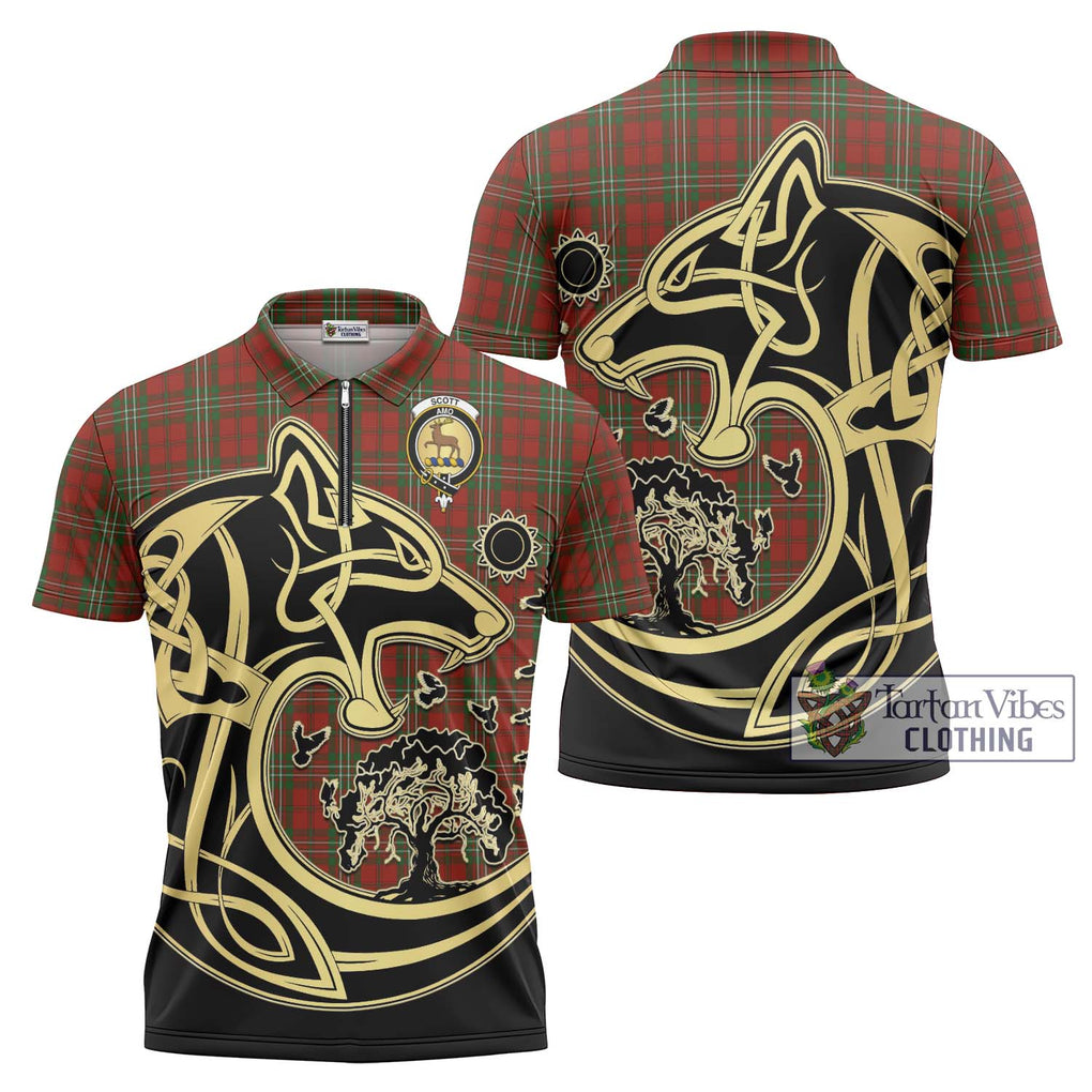 Scott Tartan Zipper Polo Shirt with Family Crest Celtic Wolf Style Unisex - Tartanvibesclothing Shop