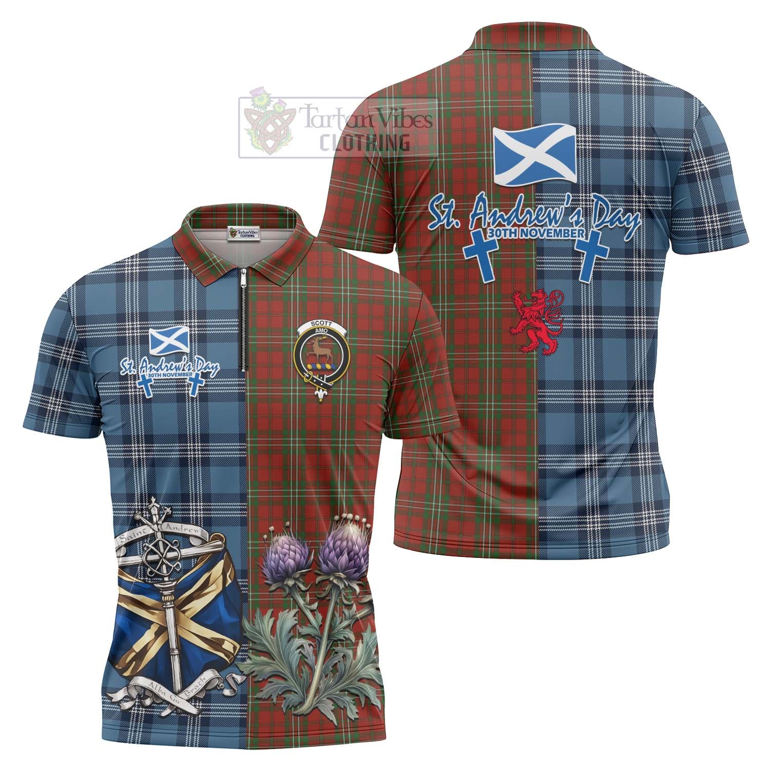 Tartan Vibes Clothing Scott Tartan Zipper Polo Shirt Happy St. Andrew's Day Half Tartan Style