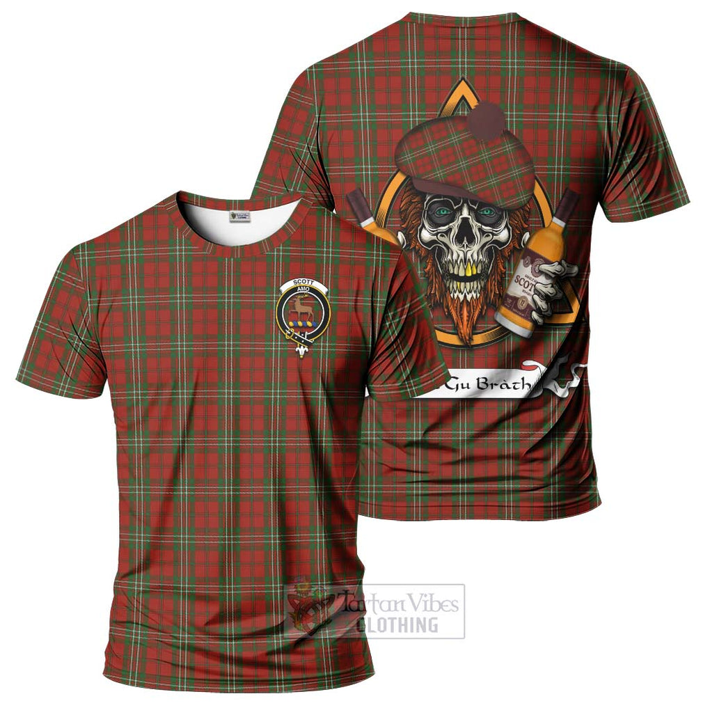 Tartan Vibes Clothing Scott Tartan T-Shirt with Family Crest and Bearded Skull Holding Bottles of Whiskey