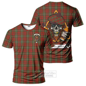 Scott Tartan T-Shirt with Family Crest and Bearded Skull Holding Bottles of Whiskey