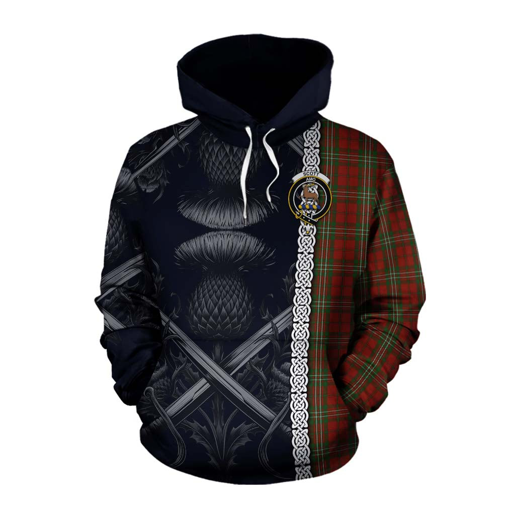 Scott Tartan Cotton Hoodie with Family Crest Cross Sword Thistle Celtic Vibes Pullover Hoodie XS - Tartan Vibes Clothing