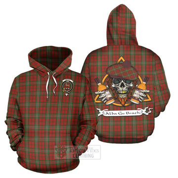 Scott Tartan Hoodie with Family Crest and Bearded Skull Holding Bottles of Whiskey