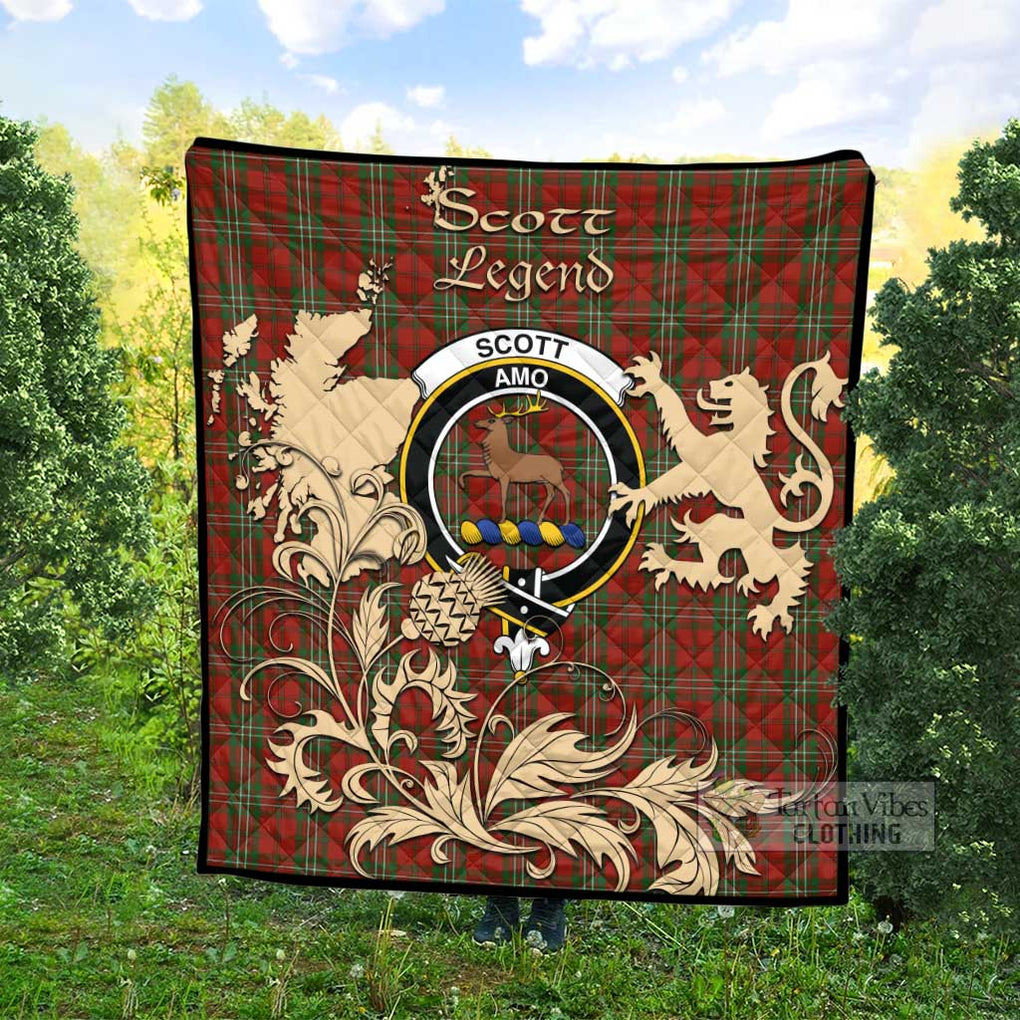 Tartan Vibes Clothing Scott Tartan Quilt with Family Crest and Scottish Symbol Style