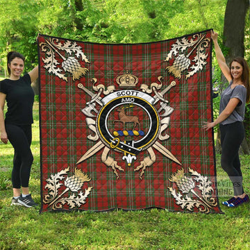 Scott Tartan Quilt with Family Crest and Golden Thistle Crossed Sword Design