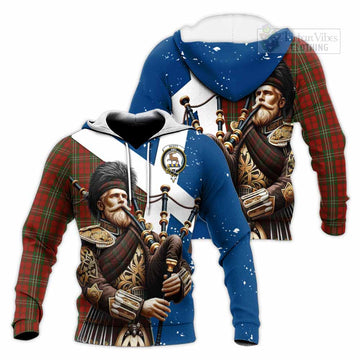 Scott Tartan Knitted Hoodie with Family Crest Scottish Bagpiper Vibes