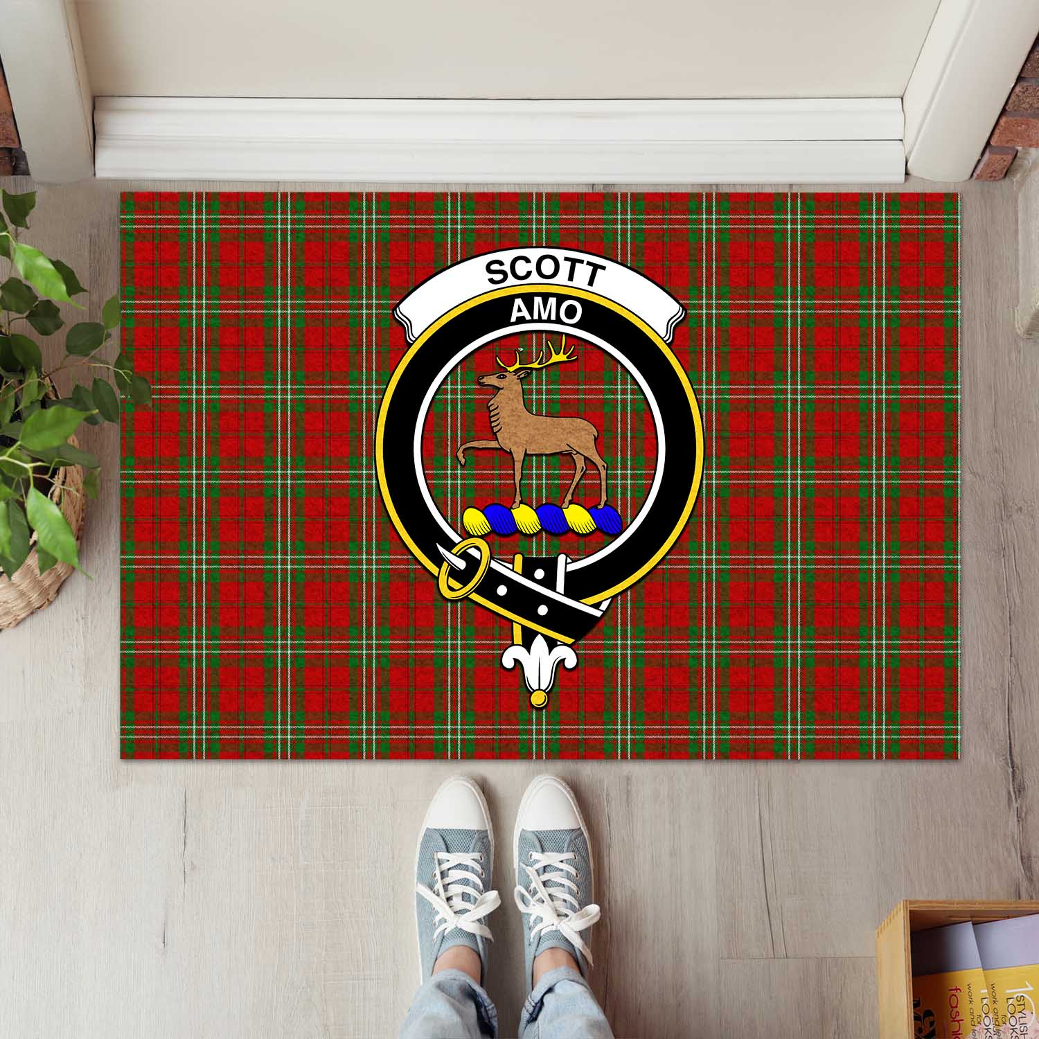 Scott Tartan Door Mat with Family Crest - Tartanvibesclothing Shop