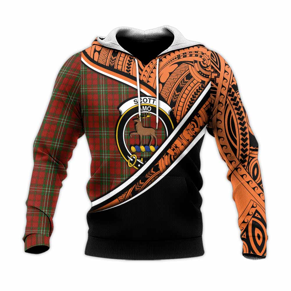 Tartan Vibes Clothing Scott Crest Tartan Knitted Hoodie with Maori Tattoo Style - Orange Version