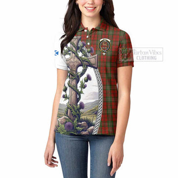 Scott Tartan Women's Polo Shirt with Family Crest and St. Andrew's Cross Accented by Thistle Vines