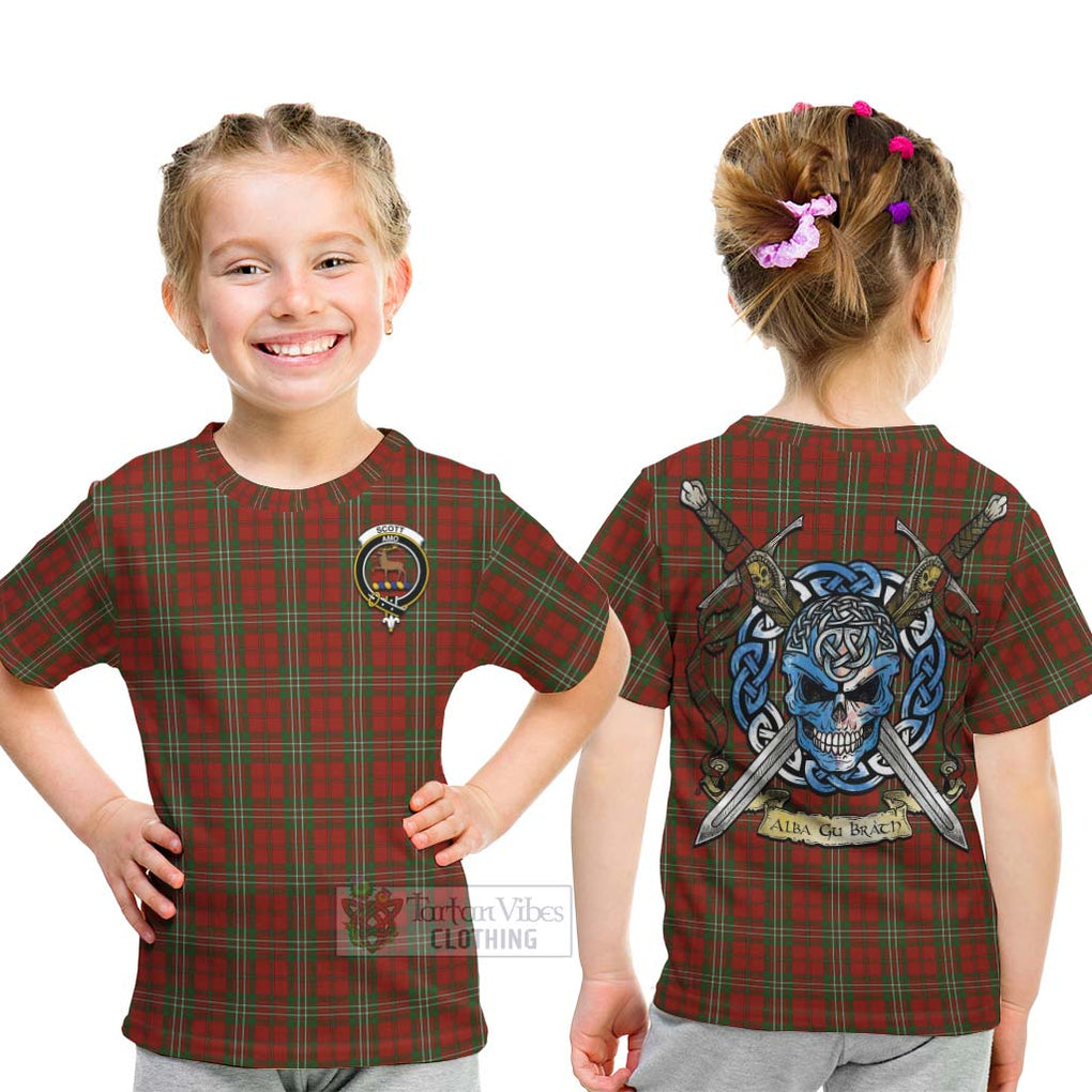 Scott Tartan Kid T-Shirt with Family Crest Celtic Skull Style - Tartan Vibes Clothing