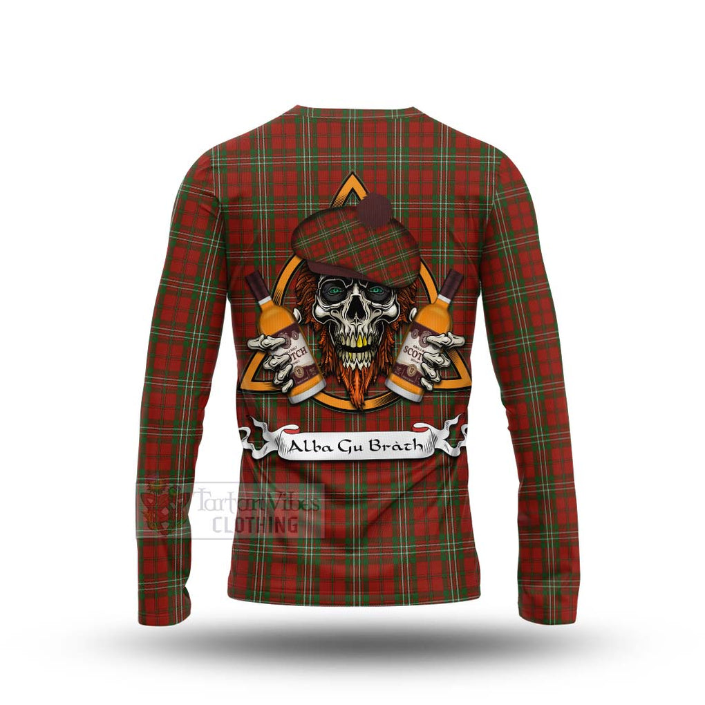 Tartan Vibes Clothing Scott Tartan Long Sleeve T-Shirt with Family Crest and Bearded Skull Holding Bottles of Whiskey